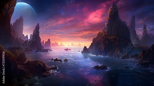 Fantasy alien planet. Mountain and sea. 3D illustration. © Michelle