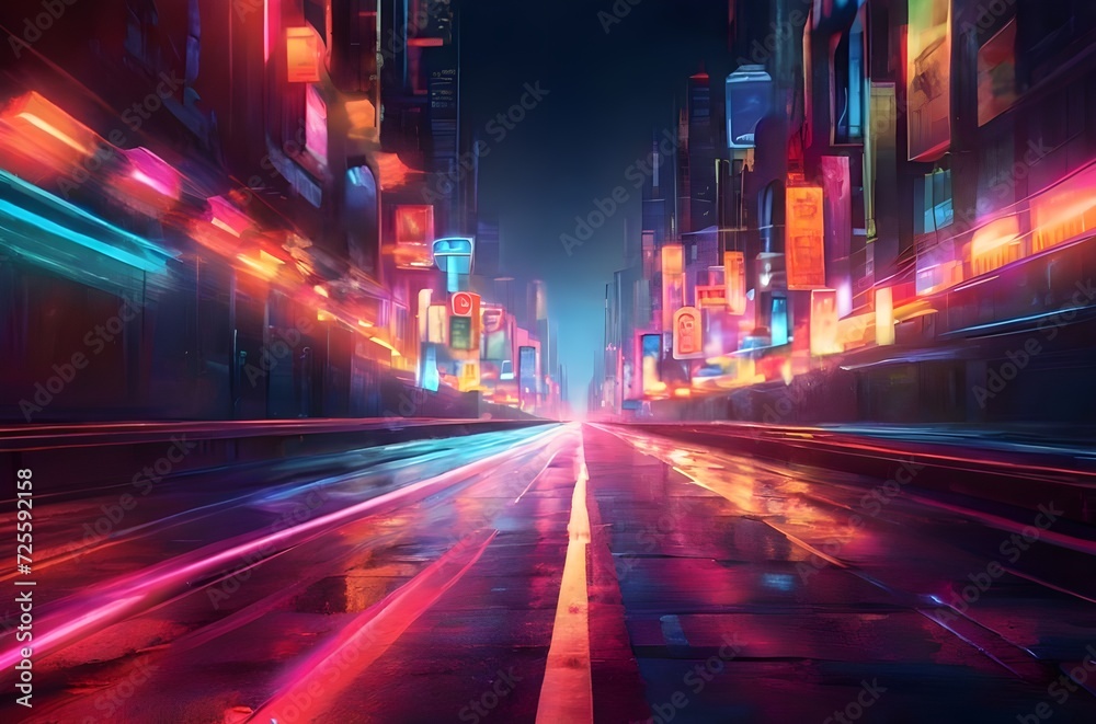 night city road with vibrant neon lights blurred background