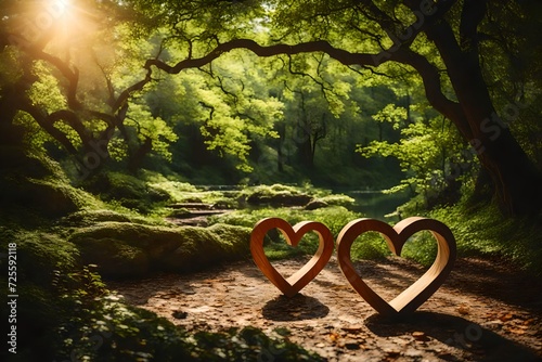 Two wooden hearts shape in the nature for greeting card - love, romantic