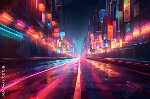 night city road with vibrant neon lights blurred background