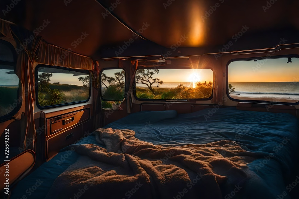 inside a cozy campervan, comfy bed and warm blanket, plants, flowers ...