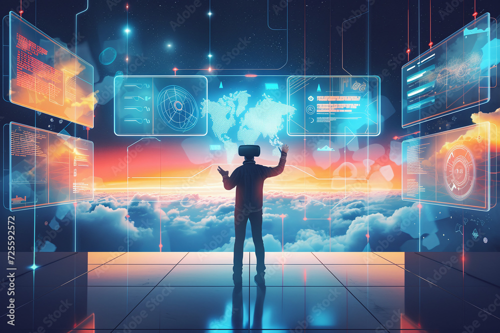 Person Engaged in Virtual Reality Interface, Futuristic Cloud Computing with Global Connectivity