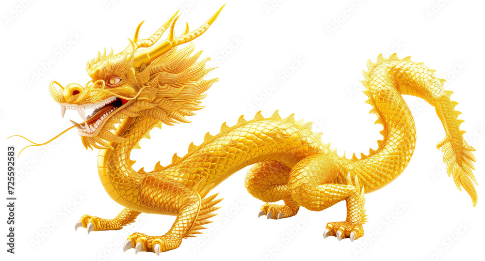 Fototapeta premium Chinese dragon made of pure gold isolated on a transparent background