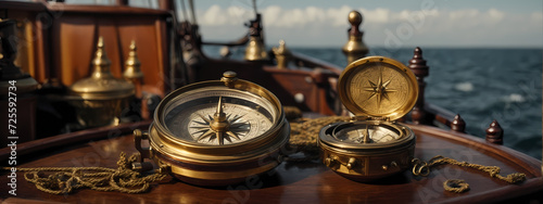 An ancient compass placed on the deck of a pirate ship, navigating the high seas. photo