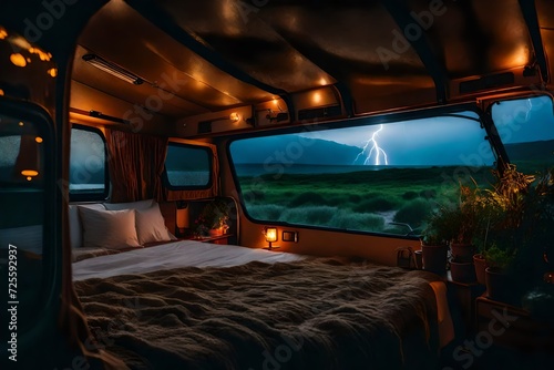 inside a cozy campervan, comfy bed and warm blanket, plants, flowers, decoration, view from the back on quiet beach, sunrise, stormy, vibrant colors, realistic, heavy rain , thunder and lightning 