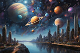 Explore a mesmerizing cityscape painting under a celestial night sky adorned with planets. A captivating blend of urban charm and cosmic wonder.