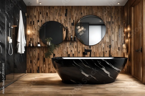 Modern interior design of bathroom with black marble bathtub and wooden wall panels 3D Rendering © MISHAL