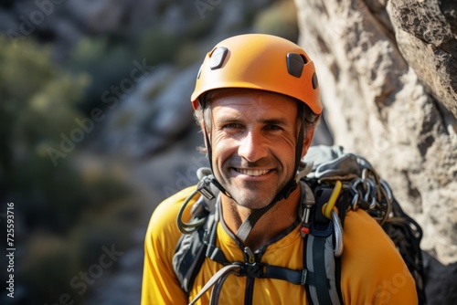 Portrait of a smiling male climber on a rocky wall.