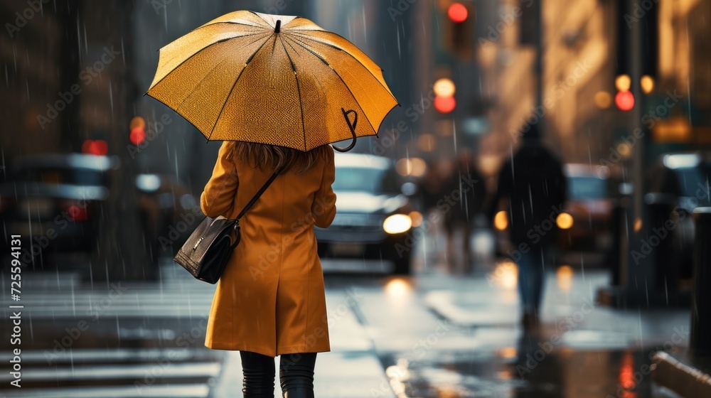 Obraz premium A woman walks with an umbrella while it rains in the city during the day. 