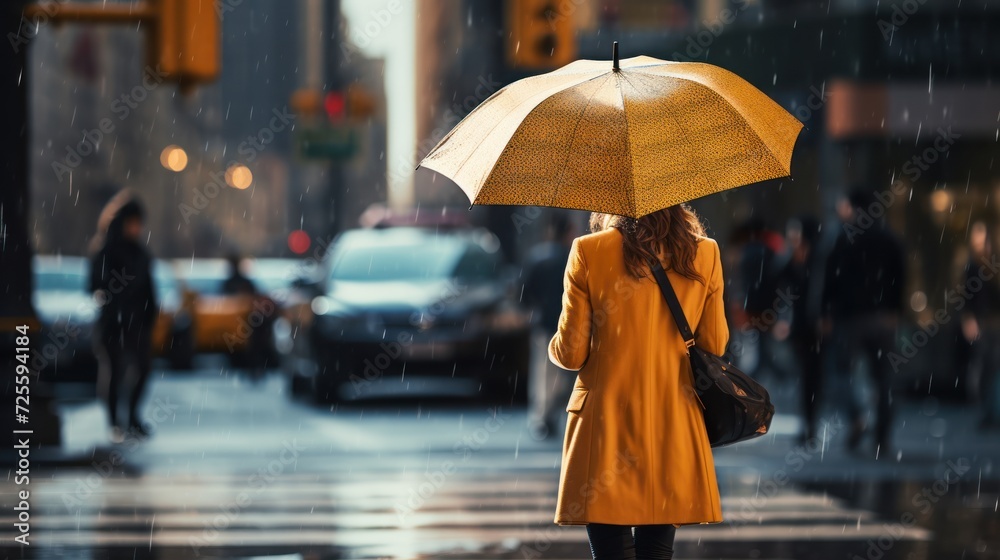 Obraz premium A woman walks with an umbrella while it rains in the city during the day. 