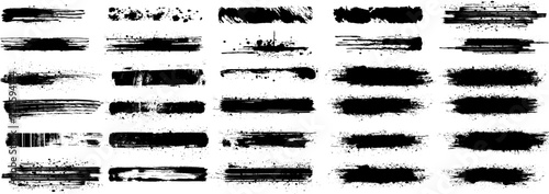 Assorted Grunge Brush Strokes Set on White Background. A diverse collection of black grunge brush strokes ideal for textured designs and creative graphics, isolated on white. Vector brush stroke set photo