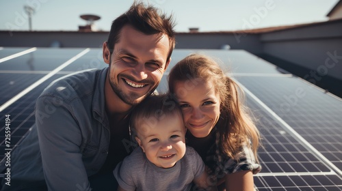 family father, mother, his children with solar panels,A young family of three is crouching 