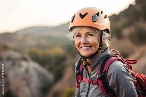 Mature woman climber with helmet on mountain peak looking at camera © Nerea