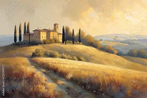 Elegant Tuscan villa perched on a sun-kissed hilltop surrounded by cypress trees and rolling hills, capturing the essence of the Italian countryside.
