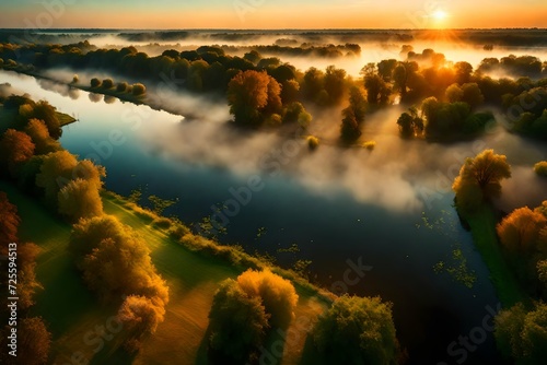 The morning landscape with fog and warm sky over the Narew river, Poland. photo