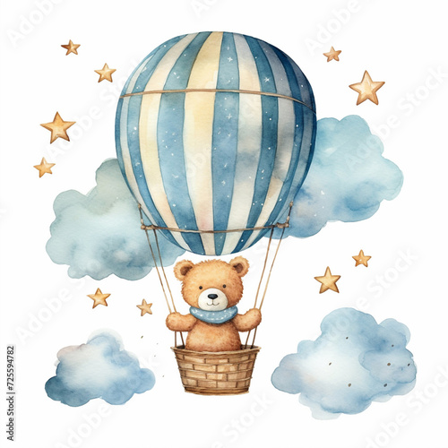Cute teddy bear in a hot air balloon, with cloud and stars, nursery concept. Isolated watercolor illustration