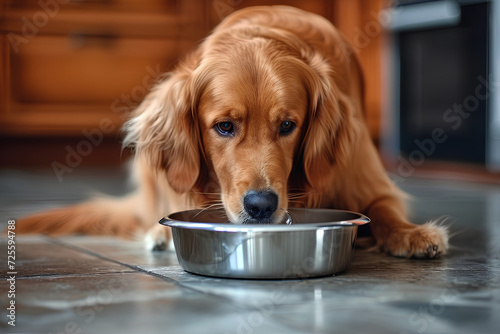 A pet dog in the kitchen drinking water from a chrome metal bowl. 