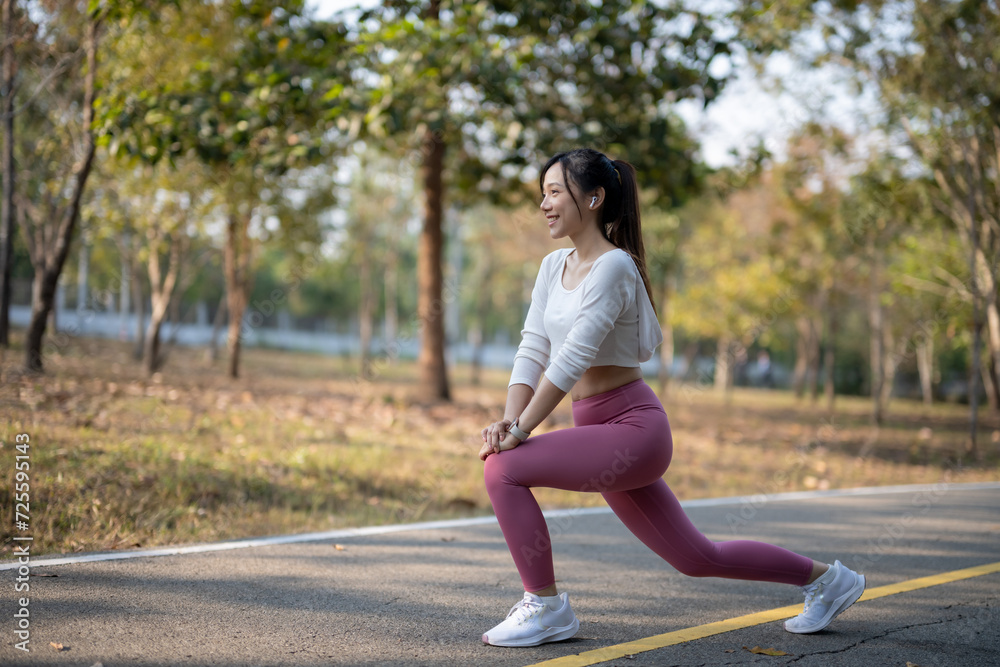 Woman stretching before jogging Health and lifestyle.