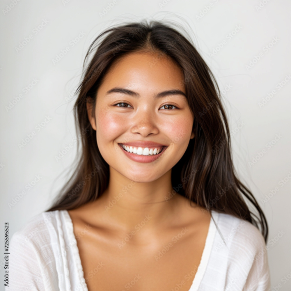 Close-up portrait of yong woman casual portrait in positive view, big smile, beautiful model posing in studio over white background. Caucasian Asian portrait woman. ai technology Close-up portrait of yong woman casual portrait in positive view, big smile, beautiful model posing in studio over white background. Caucasian Asian portrait woman. ai technology