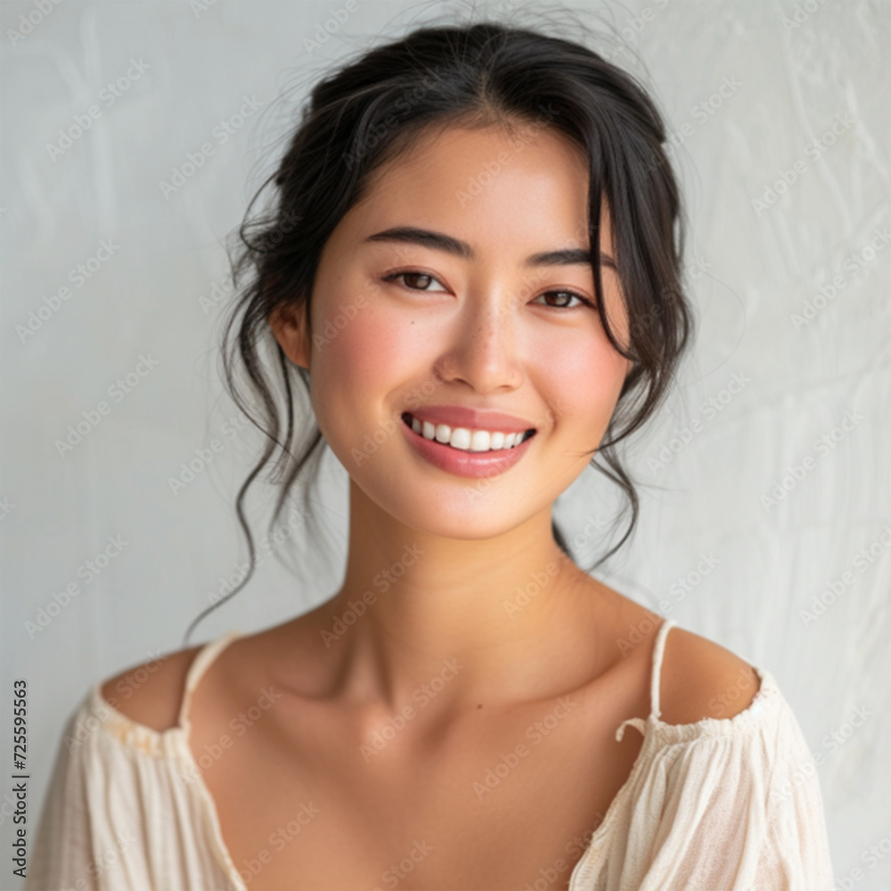 Close-up portrait of yong woman casual portrait in positive view, big smile, beautiful model posing in studio over white background. Caucasian Asian portrait woman. ai technology Close-up portrait of yong woman casual portrait in positive view, big smile, beautiful model posing in studio over white background. Caucasian Asian portrait woman. ai technology