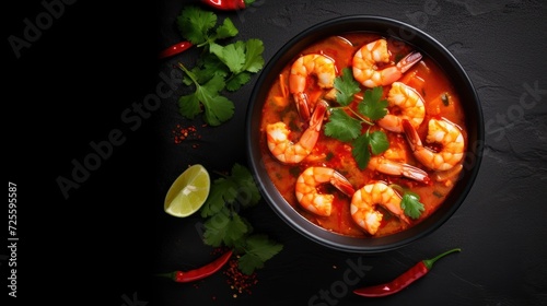 Tom Yam kung Spicy Thai soup with shrimp in a black bowl on a dark stone background, 