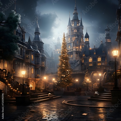 Christmas fairytale castle in foggy misty night. Fairytale medieval castle with Christmas tree on a cobbled street. Magical fairy tale castle in misty foggy foggy night.