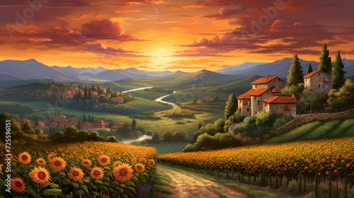 Panoramic view of Tuscany landscape with sunflowers