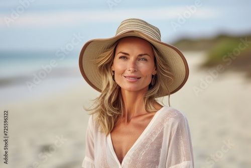 summer holidays, vacation, travel and people concept - smiling woman in hat and dress on beach © Nerea