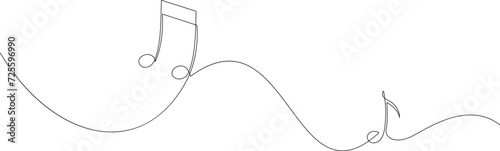 Continuous line drawing of musical notes. Minimalist one line logo or banner of music school. Doodle vector illustration.