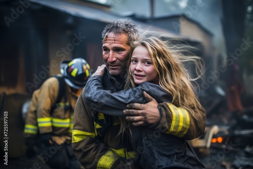 Scared young woman hugs brave fireman saved girl from fire during rescue operation on street