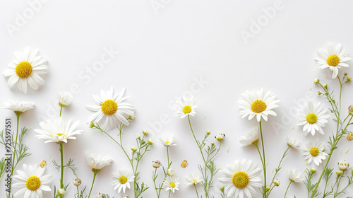 A simple and elegant border of spring daisies against a clean white background