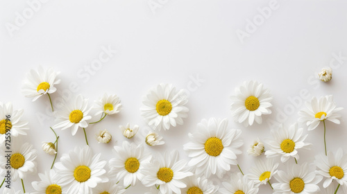 A simple and elegant border of spring daisies against a clean white background