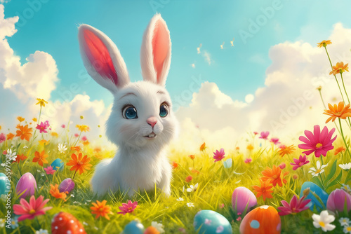Cute Easter bunny on the meadow with colorful Easter eggs.  AI Generative