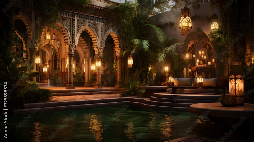 Fountains in the courtyard of the mosque at night. Ramadan Kareem.