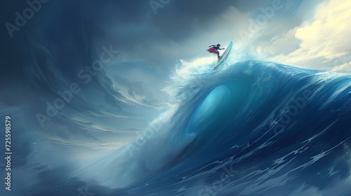 Surfer riding massive blue ocean wave   extreme sports and active lifestyle concept © Ilja