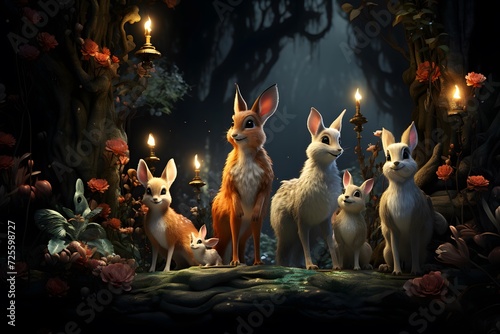 3D rendering of a fairy tale scene with cute little foxes
