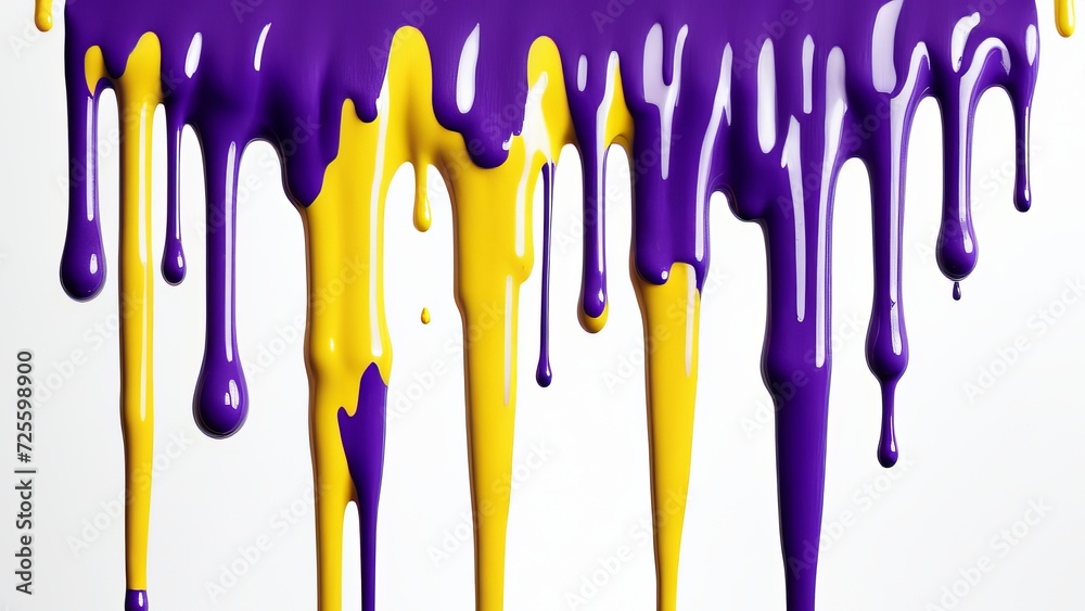 Vibrant Purple and Yellow Paint Dripping Effect on White Background for Artistic and Colorful Design