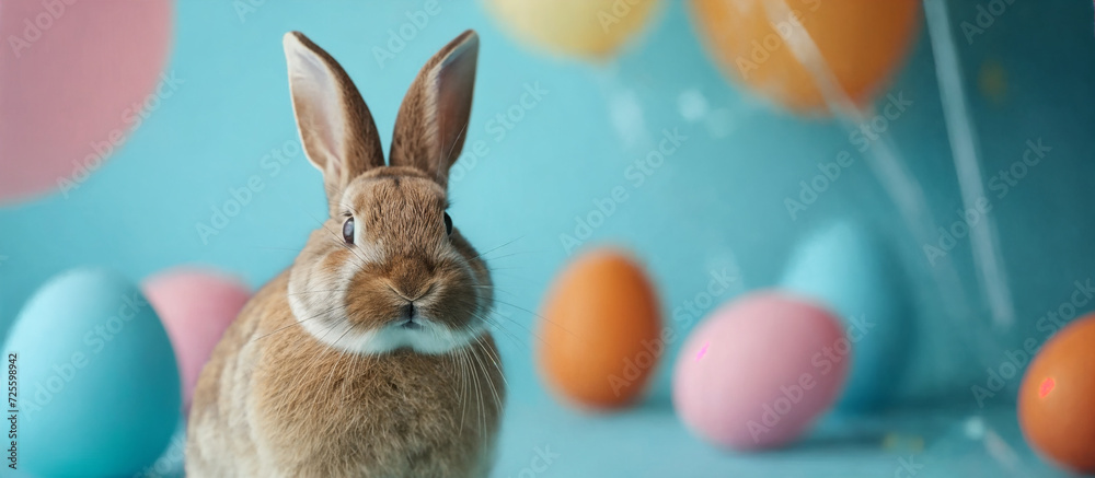 Fototapeta premium Blue Easter background with bunny and colorful eggs. AI Generative