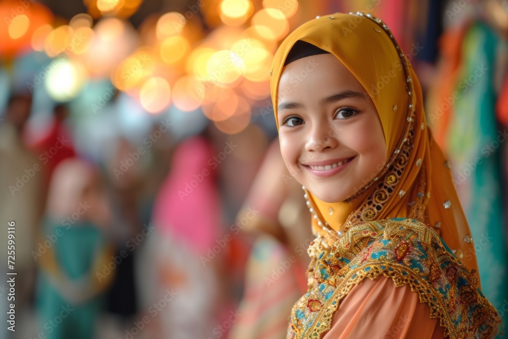 portrait of cute muslim girl facing right with lights illuminating