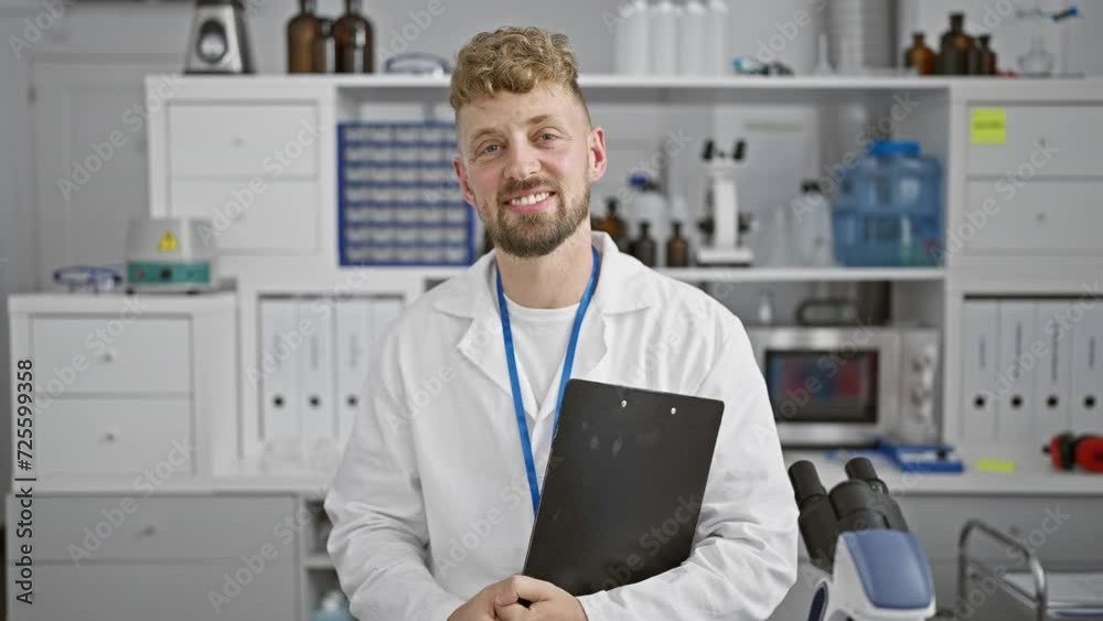 A young caucasian man with a beard and blue eyes, wearing a lab coat, smiles while holding a clipboard in a laboratory setting. A young caucasian man with a beard and blue eyes, wearing a lab coat, smiles while holding a clipboard in a laboratory setting.