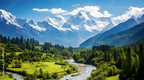 Beautiful panorama of the mountains with a river in the foreground © Michelle