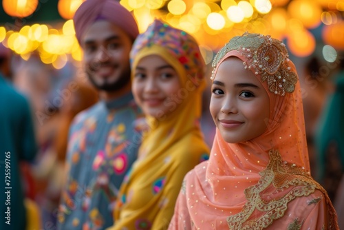 happy, festive muslim people in colorful islamic costume, in the style of golden light