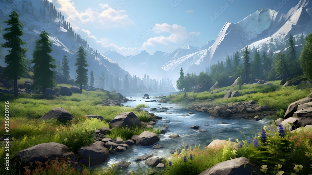 Beautiful panoramic view of the mountain river and the forest