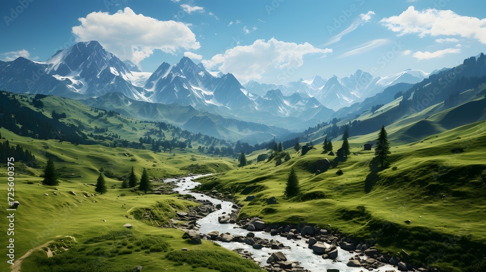 Mountain landscape panoramic view of alpine meadow and river