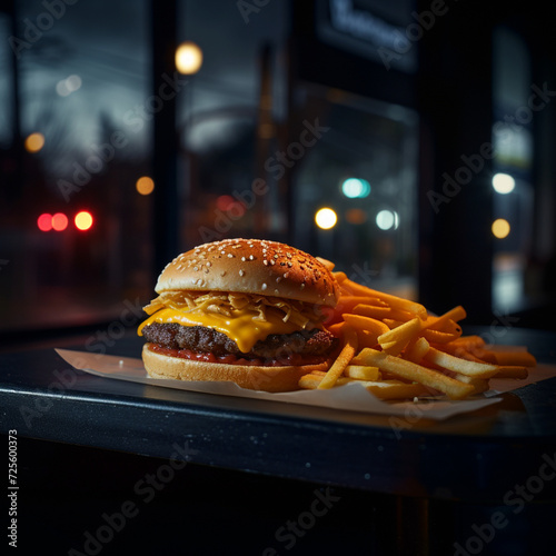  double cheeseburge, with fries, low light with a mullion illuminating the meat, placed on a dark ceramic background, set on a table in a darkened room, with street lights and nigh Ai generative  photo