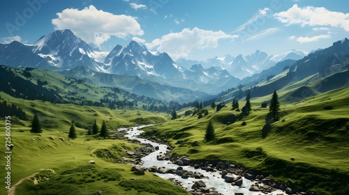 Mountain landscape panoramic view of alpine meadow and river © Michelle