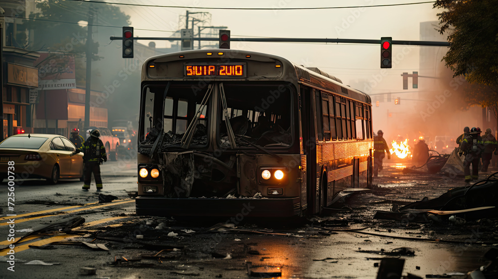 Twilight Havoc: City Bus Amidst Urban Destruction, In fading light of dusk, damaged city bus stands eerily in the middle of desolate street, surrounded by the aftermath of chaos