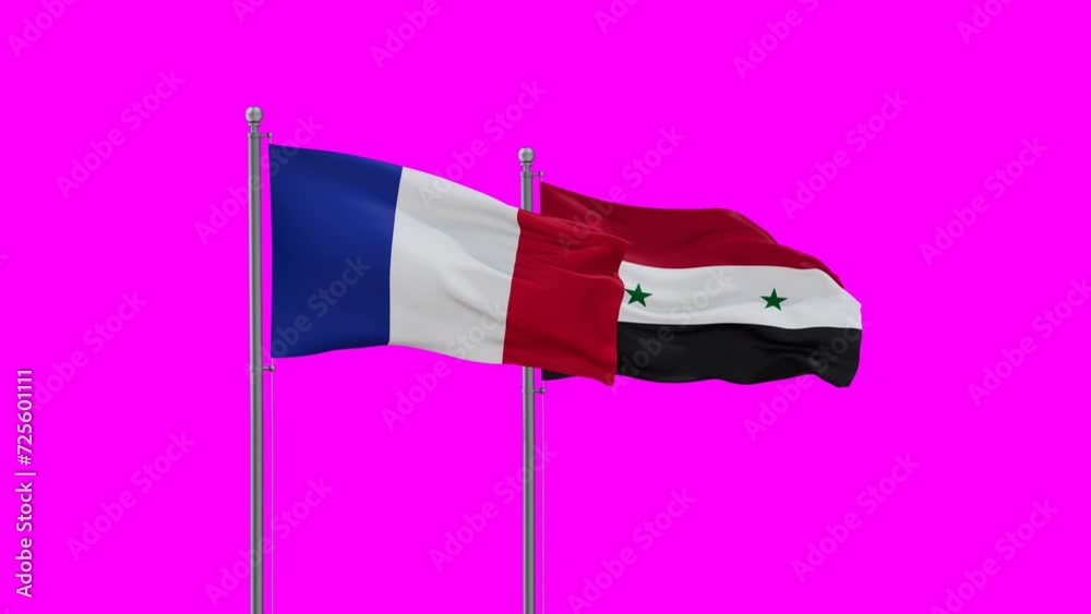 Syrian Arab Republic, Syria and France flag waving with colored chroma key for easy background remove, endless seamless loop, two country cooperation concept Syrian Arab Republic, Syria and France flag waving with colored chroma key for easy background remove, endless seamless loop, two country cooperation concept