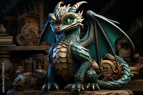 Emerald Majesty: A Serene Green Dragon Perches on a Rustic Wooden Table