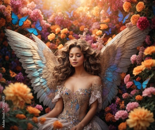 A majestic angel with iridescent wings, surrounded by a vibrant garden of blooming flowers and fluttering butterflies